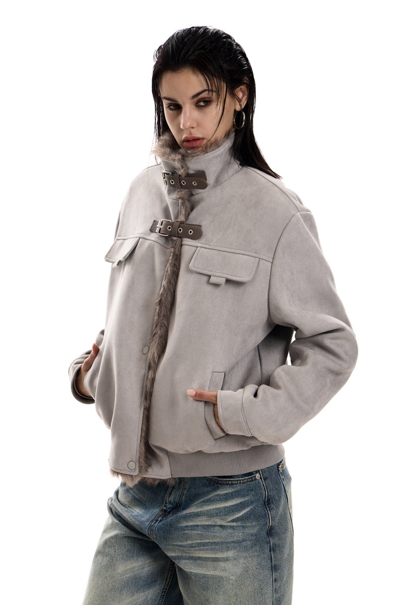 Faux Suede Buckled Fur Collar Jacket - Gray