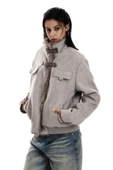 Faux Suede Buckled Fur Collar Jacket - Gray