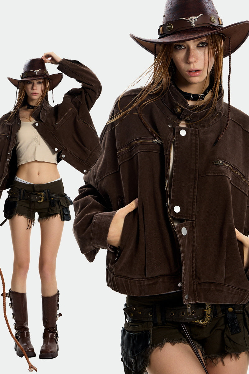 Rust-Toned Rebel Cropped Workwear Jacket