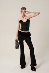 Velvet Edge Corset & Fur-Trim Flare Pants Set