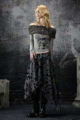 Fur Trim Off-Shoulder Top - Gray