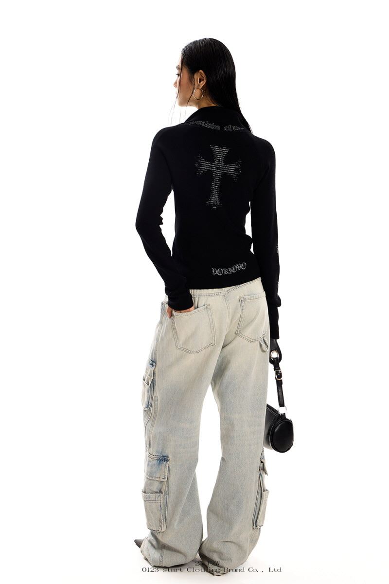 Crossed Shadows Ribbed Zip Sweater - Black