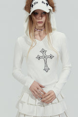 Rhinestone Cross Hooded Slim Top - White