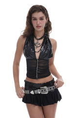 Midnight Sequin Halter Mesh Top