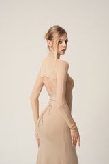 Beige Sheer Sleeve Halterneck Maxi Dress