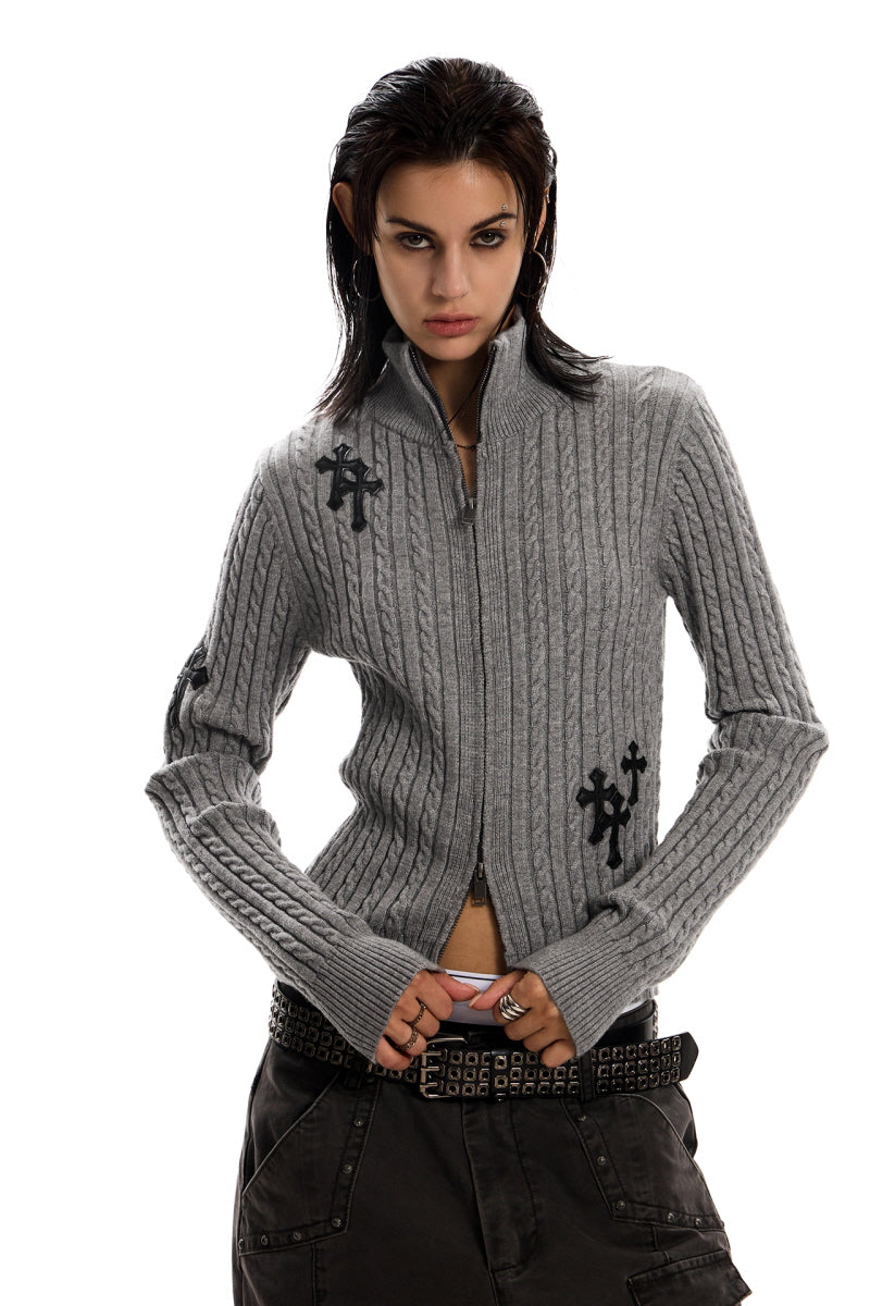 Cross-Stitch Slim Zip Knit Jacket