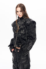 Obsidian Edge Cropped Biker Leather Jacket - Black