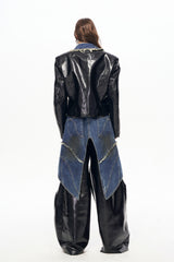 Raw Riot Denim-Panel Cropped Leather Jacket - Black