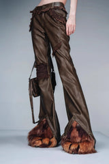 Raw Edge Layered Leather Pants with Detachable Fur Accents-Brown