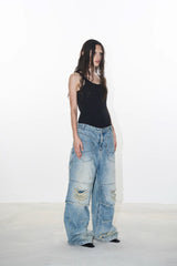 Dual-Layer Distressed Washed Wide-Leg Jeans