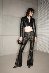 Cropped Leather Jacket with Waist Seal Two-Piece Set Black