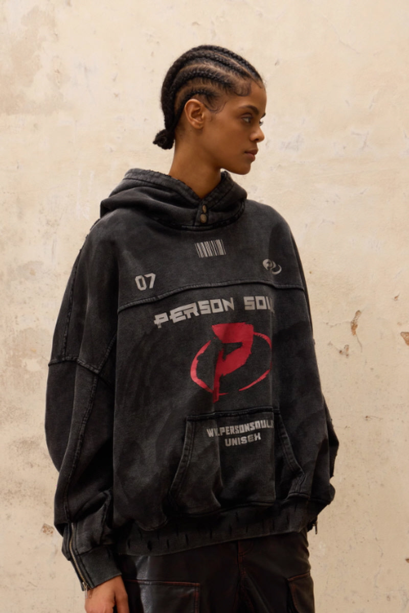 Distressed Meta Symbol Oversized Hoodie