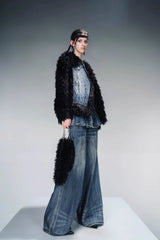 Dual-Tone Panel Fur Denim Jacket - Blue