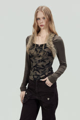 Fur Trim Camo Slim Top