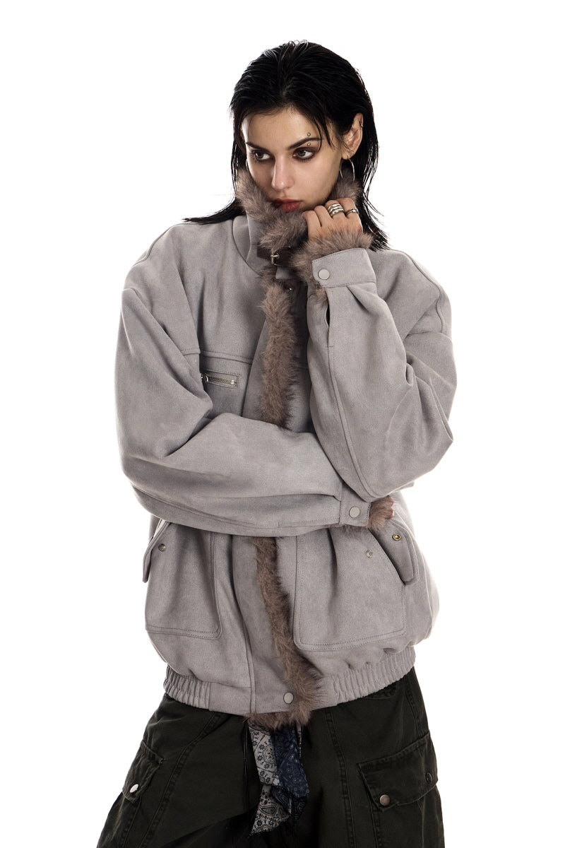 Ash Veil Fur-Trim Suede Jacket