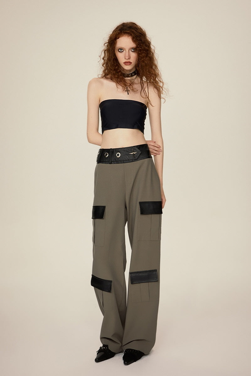 Leather Trim Low-Rise Cargo Pants