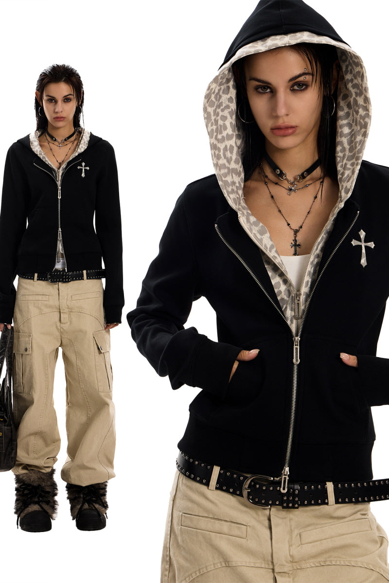 Leopard Lined Cross Zip Hoodie