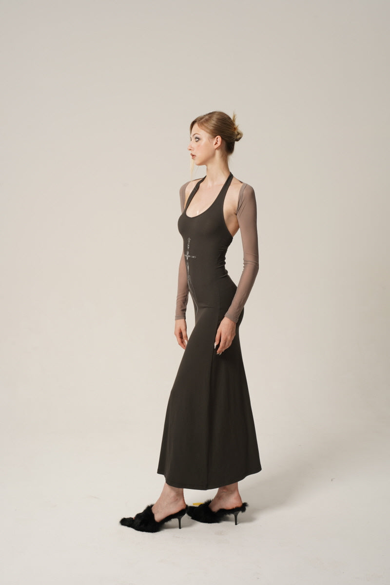 Black Sword Print Halterneck Maxi Dress