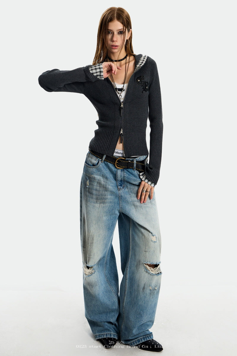 Plaid Edge Knit Zip Hoodie