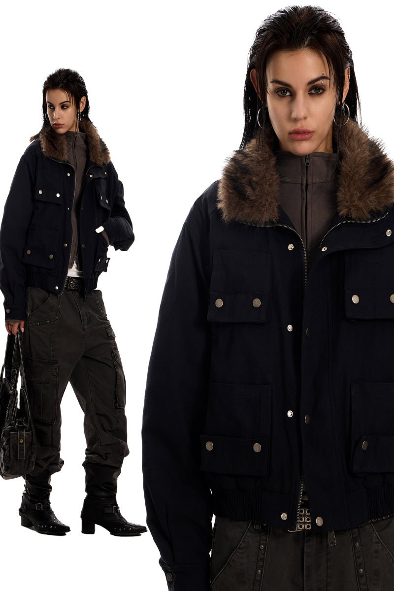 Midnight Cargo Fur-Collar Jacket - Black