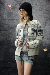Bow Pattern Fair Isle Knit Cardigan