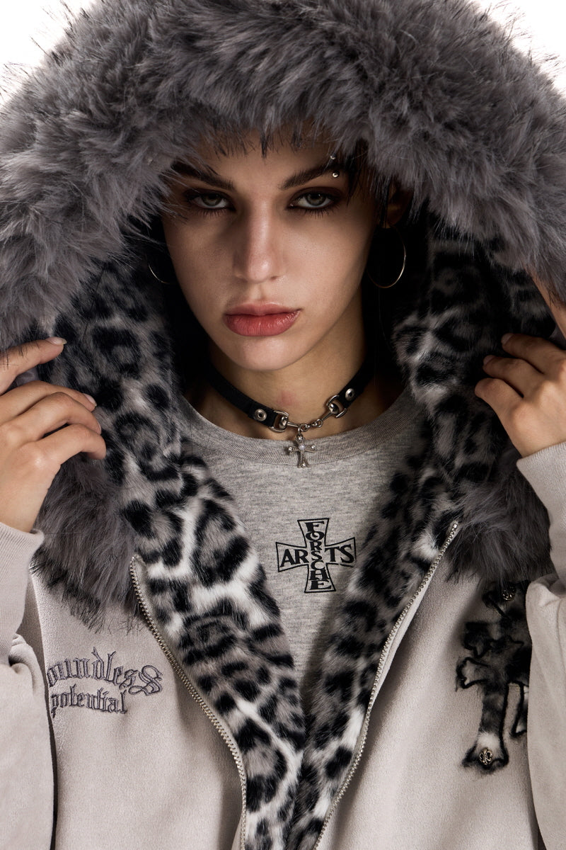 Leopard Cross Faux-Fur Hooded Bomber - Gray