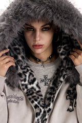 Leopard Cross Faux-Fur Hooded Bomber - Gray