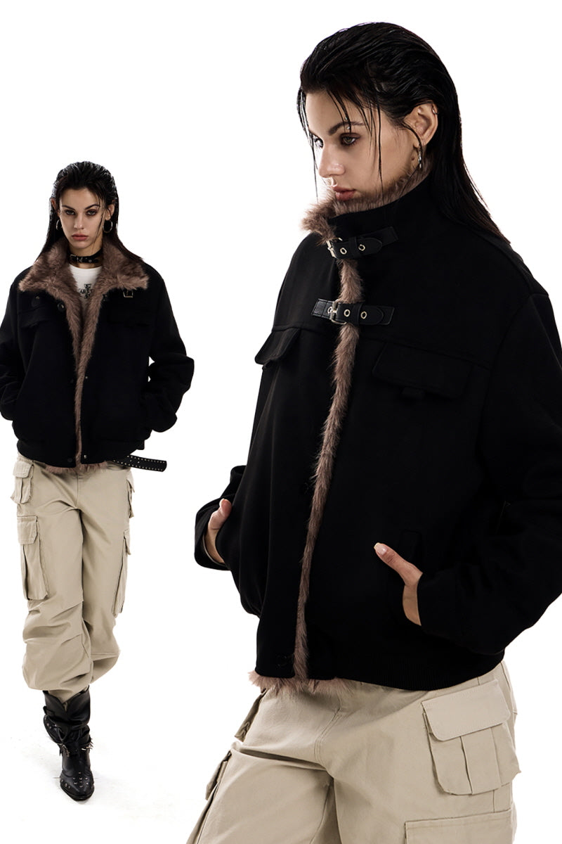 Faux Suede Buckled Fur Collar Jacket - Black