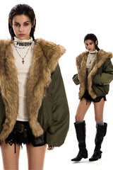 Urban Wolf Faux Fur Oversized Parka - Army Green
