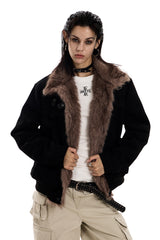 Faux Suede Buckled Fur Collar Jacket - Black