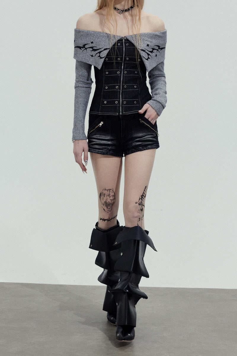 Gothic Cross Low-Rise Denim Shorts