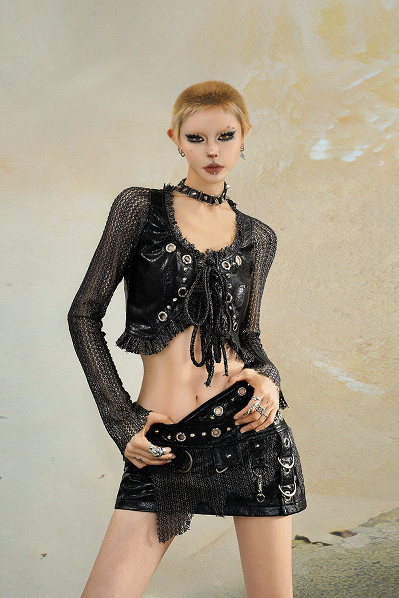 Metal Mesh Tie-Up Cropped Jacket