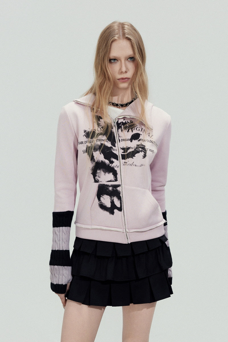 Grunge Print Cropped Zip Hoodie