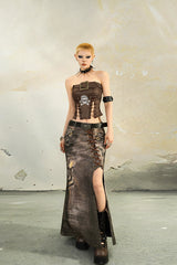 Rust-Stained Lace-Up Long Skirt