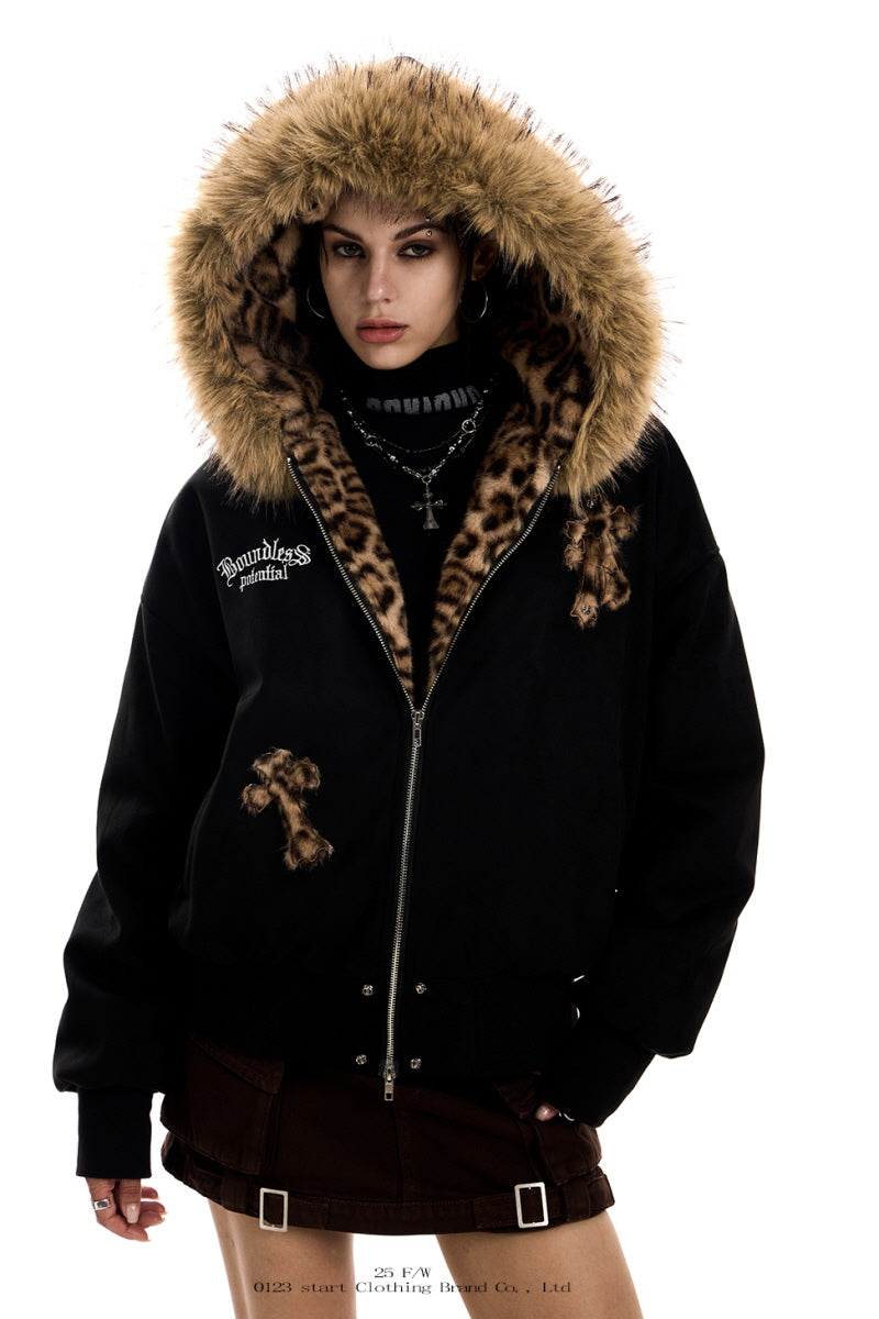 Leopard Cross Faux-Fur Hooded Bomber - Black