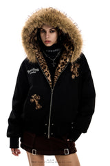 Leopard Cross Faux-Fur Hooded Bomber - Black