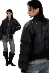 Stud Detail Cropped Leather Bomber Jacket