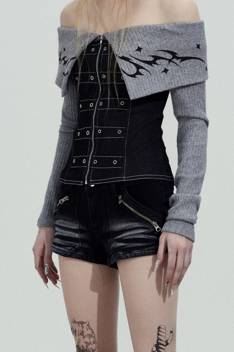 Gothic Cross Low-Rise Denim Shorts