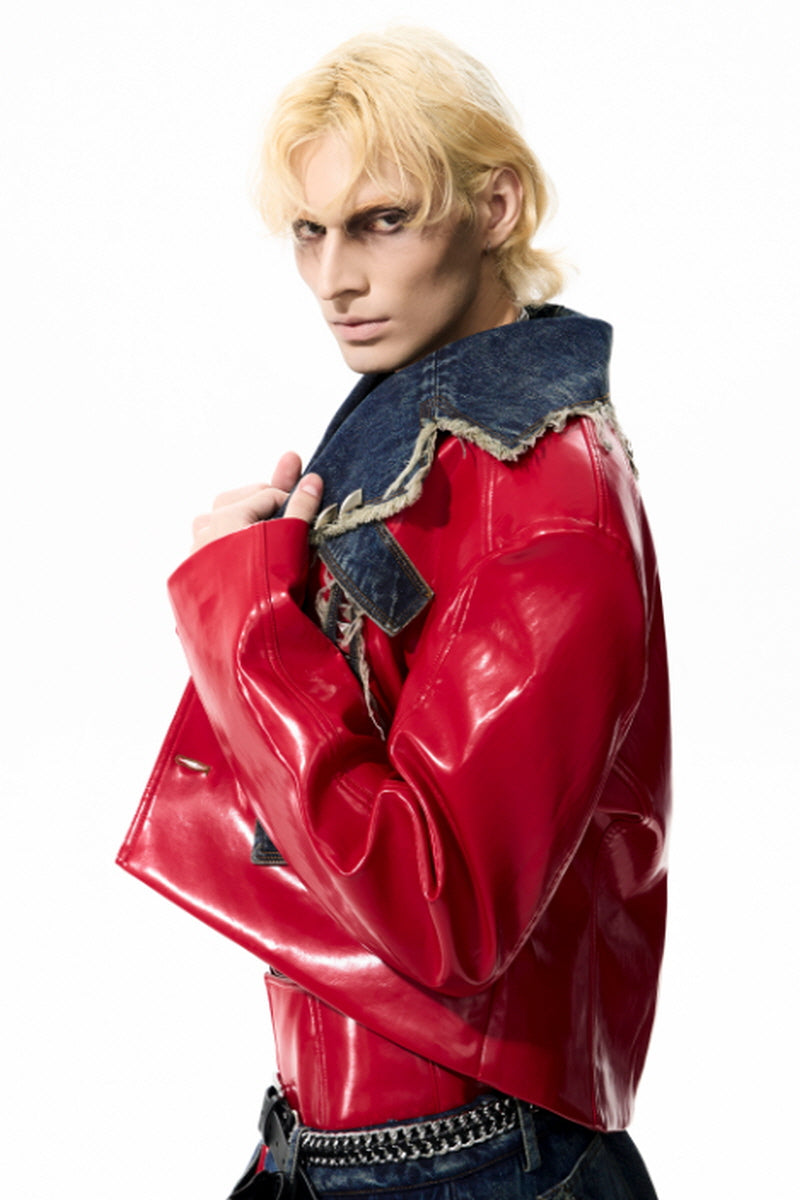 Raw Riot Denim-Panel Cropped Leather Jacket - Red