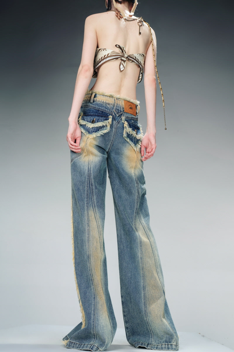 Raw Charm Distressed Wide-Leg Denim Pants