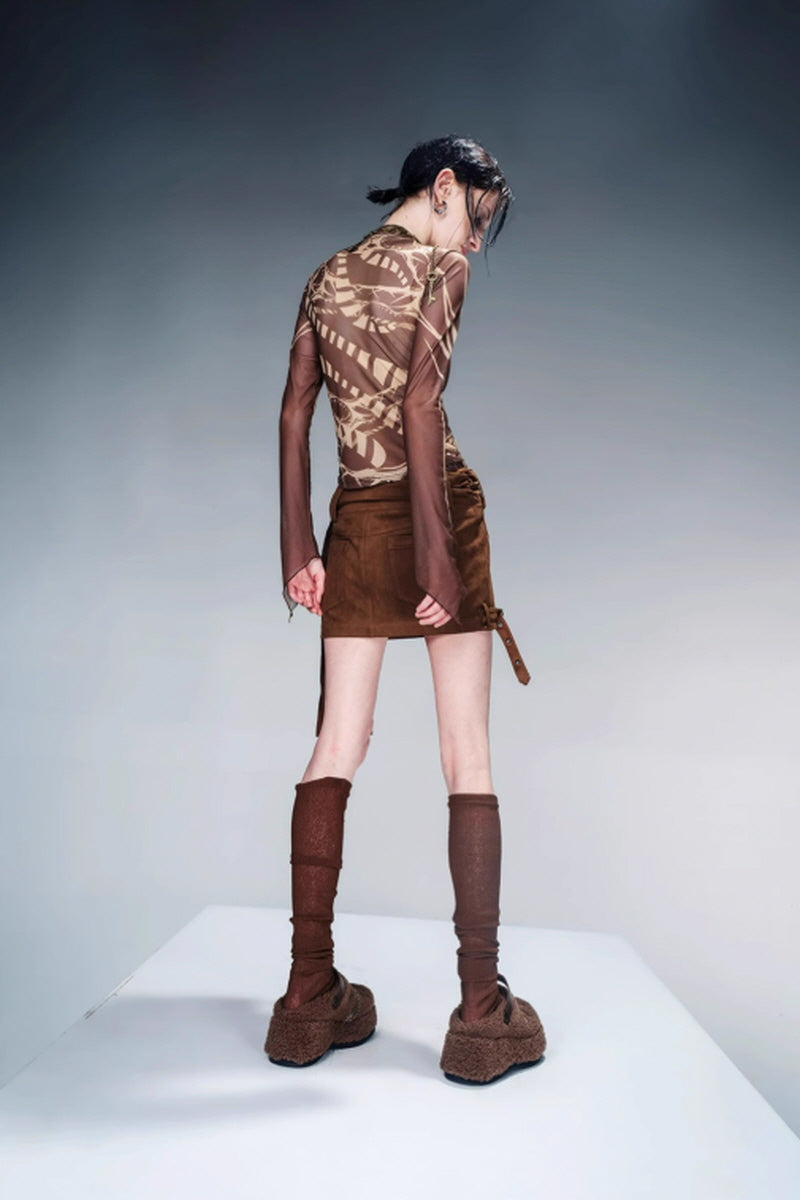 Etched Illusion Slim Mesh Top - Brown