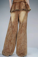 Pleated Overlayer Denim Wide-Leg Pants-Brown