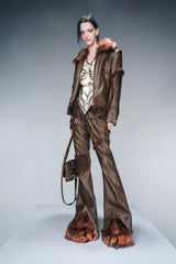 Raw Edge Layered Leather Pants with Detachable Fur Accents-Brown