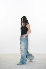 Dual-Layer Distressed Washed Wide-Leg Jeans