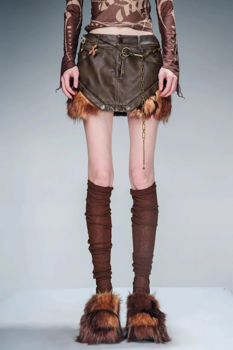 Boundary Shift Fur-Trimmed Leather Skirt-Brown