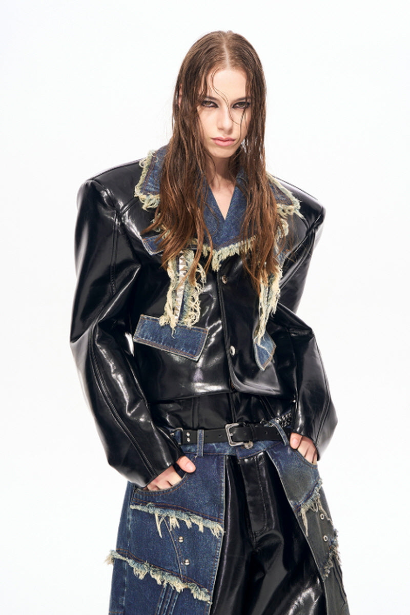 Raw Riot Denim-Panel Cropped Leather Jacket - Black