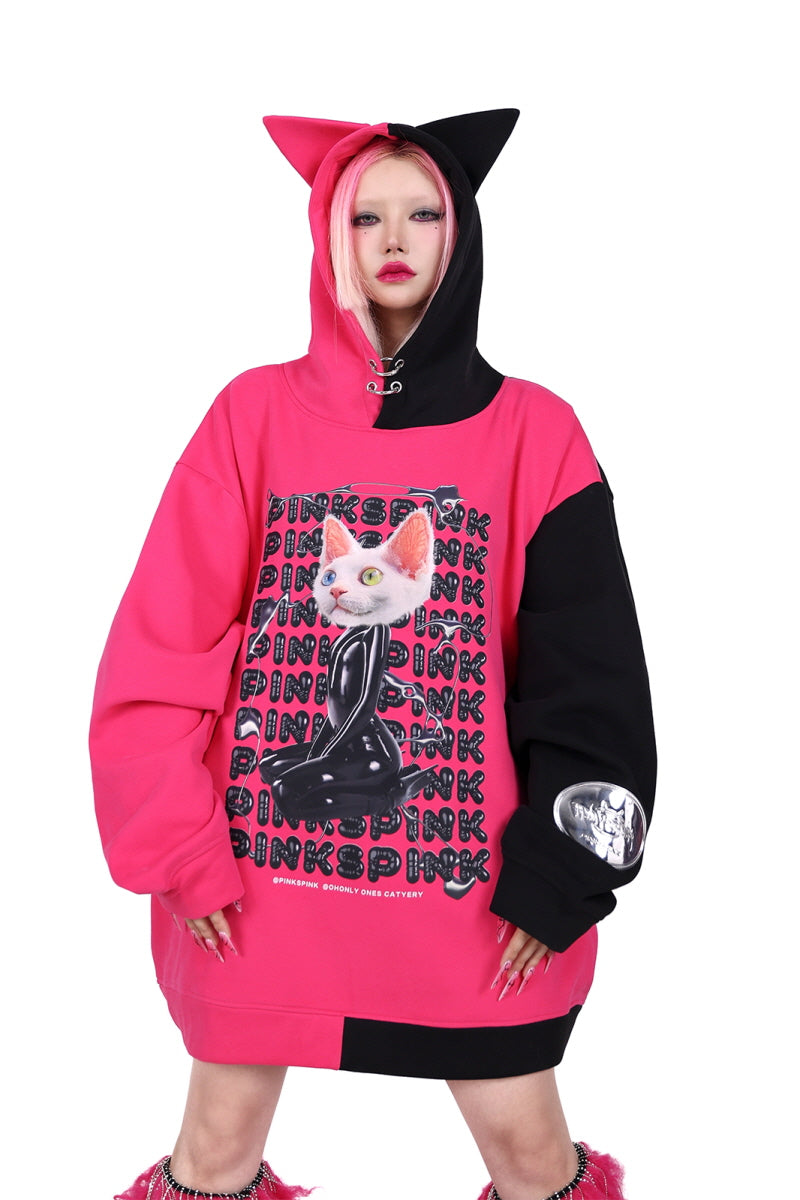 Cyber Sphynx Split-Tone Cat-Ear Hoodie