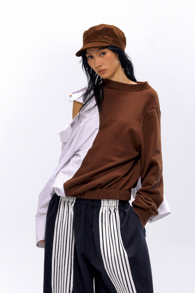 Dual Identity Striped Contrast Sweatshirt - Brown