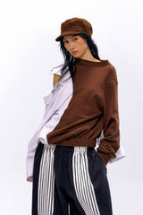 Dual Identity Striped Contrast Sweatshirt - Brown