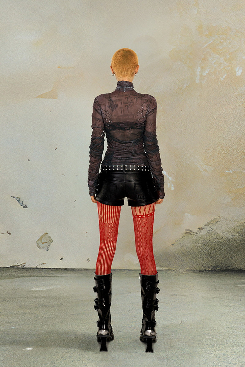 Blurry Cross Mesh Ruched Top
